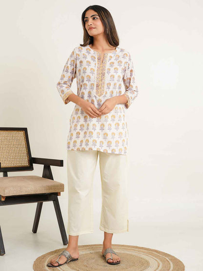 Block-Printed Cotton Zoya Kurti White