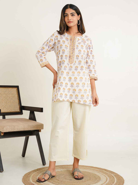 Block-Printed Cotton Zoya Kurti White