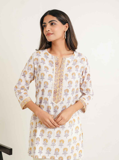 Block-Printed Cotton Zoya Kurti White