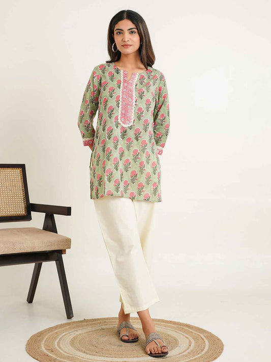 Block-Printed Cotton Zoya Kurti Green