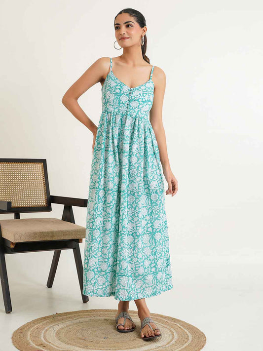V-Neck Long Strappy Dress Sea Green