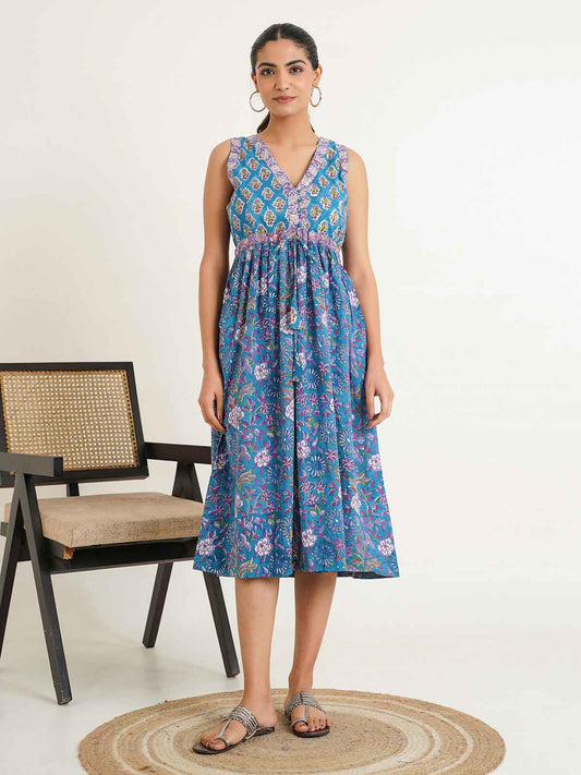 V-Neck Sleeveless Midi Aisha Dress Blue