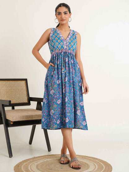 V-Neck Sleeveless Midi Aisha Dress Blue