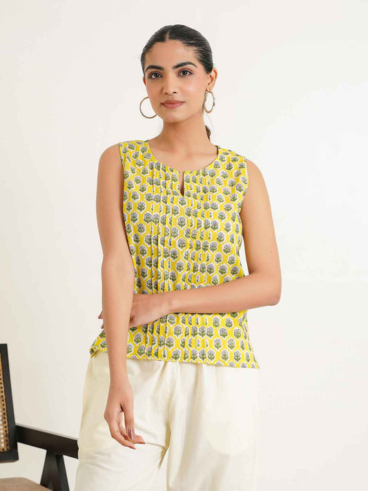 Sleeveless Cotton Pintucks Top Yellow