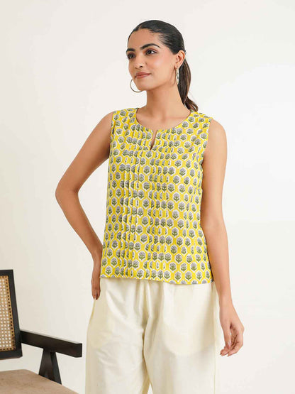 Sleeveless Cotton Pintucks Top Yellow