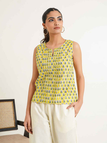 Sleeveless Cotton Pintucks Top Yellow