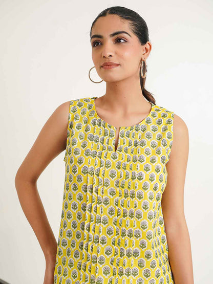 Sleeveless Cotton Pintucks Top Yellow