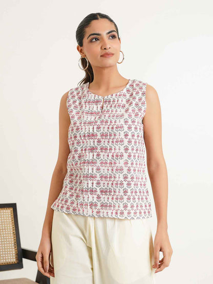 Sleeveless Cotton Pintucks Top White