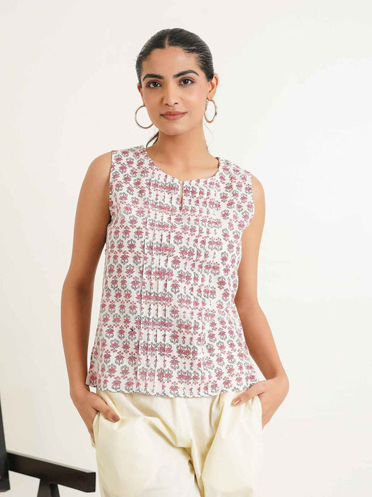 Sleeveless Cotton Pintucks Top White