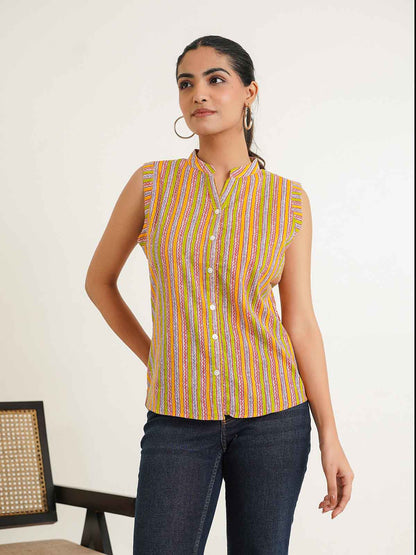Sleeveless cotton Top With Buttons Multicolor
