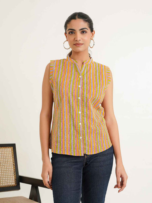 Sleeveless cotton Top With Buttons Multicolor