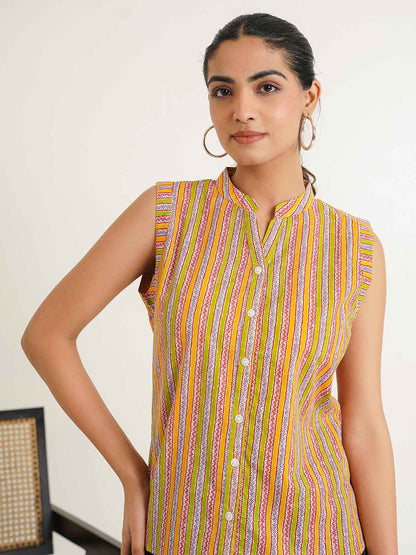 Sleeveless cotton Top With Buttons Multicolor