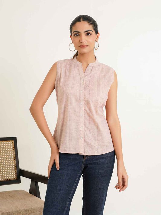 Sleeveless cotton Top With Buttons Peach