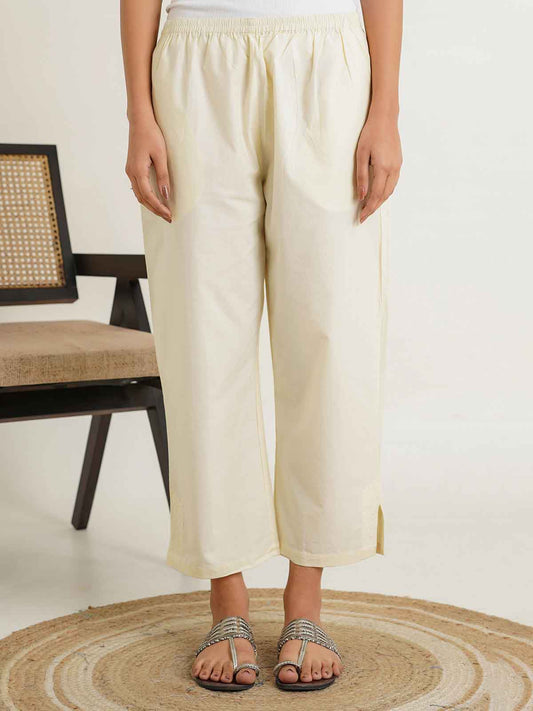 Cotton Solid Ankle Length Pants Off-White