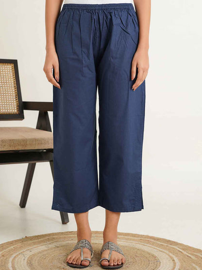 Cotton Solid Ankle Length Pants Blue