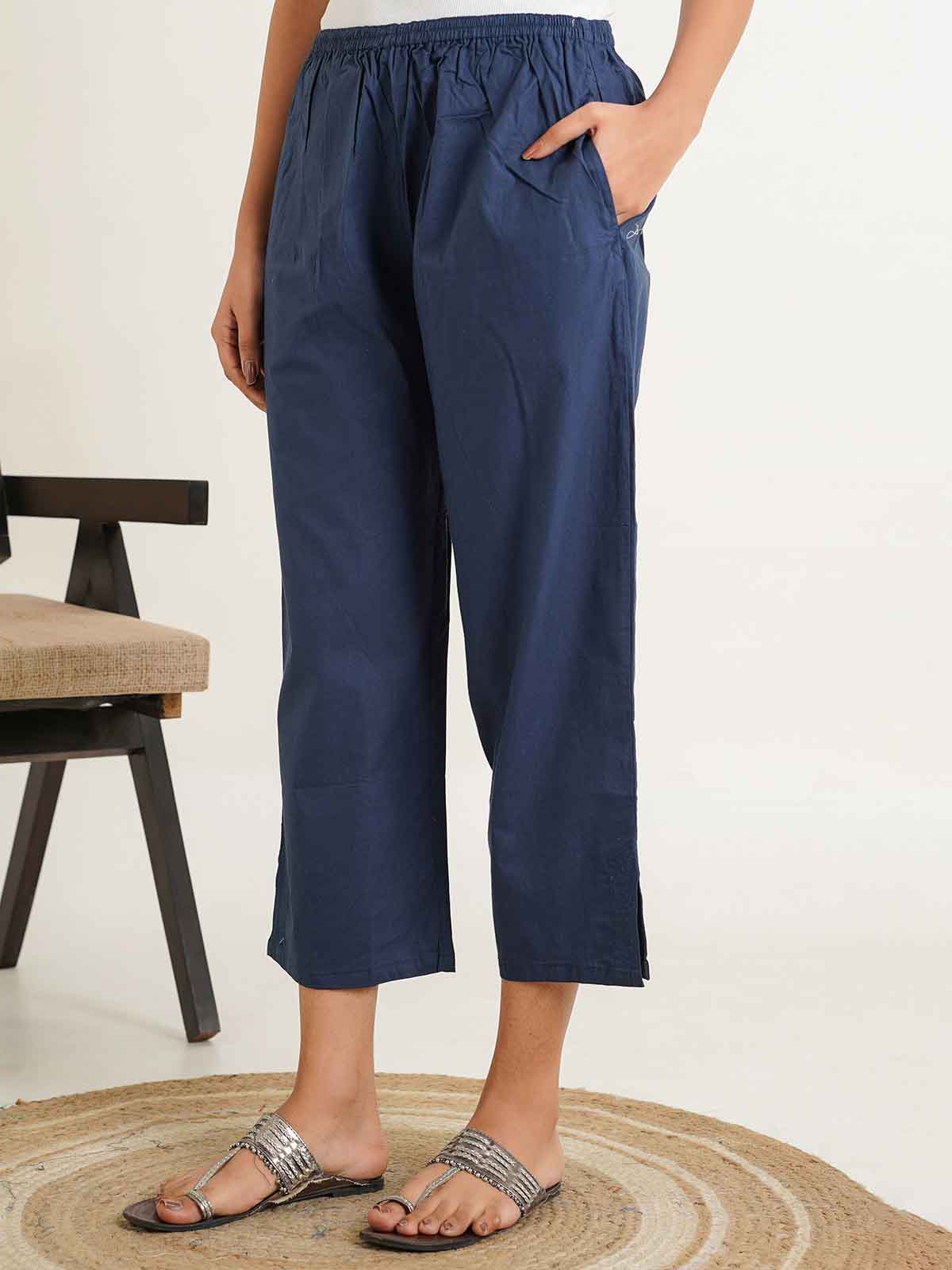 Cotton Solid Ankle Length Pants Blue