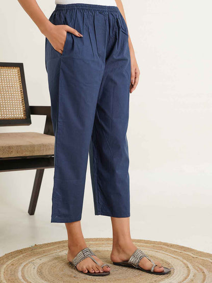 Cotton Solid Ankle Length Pants Blue