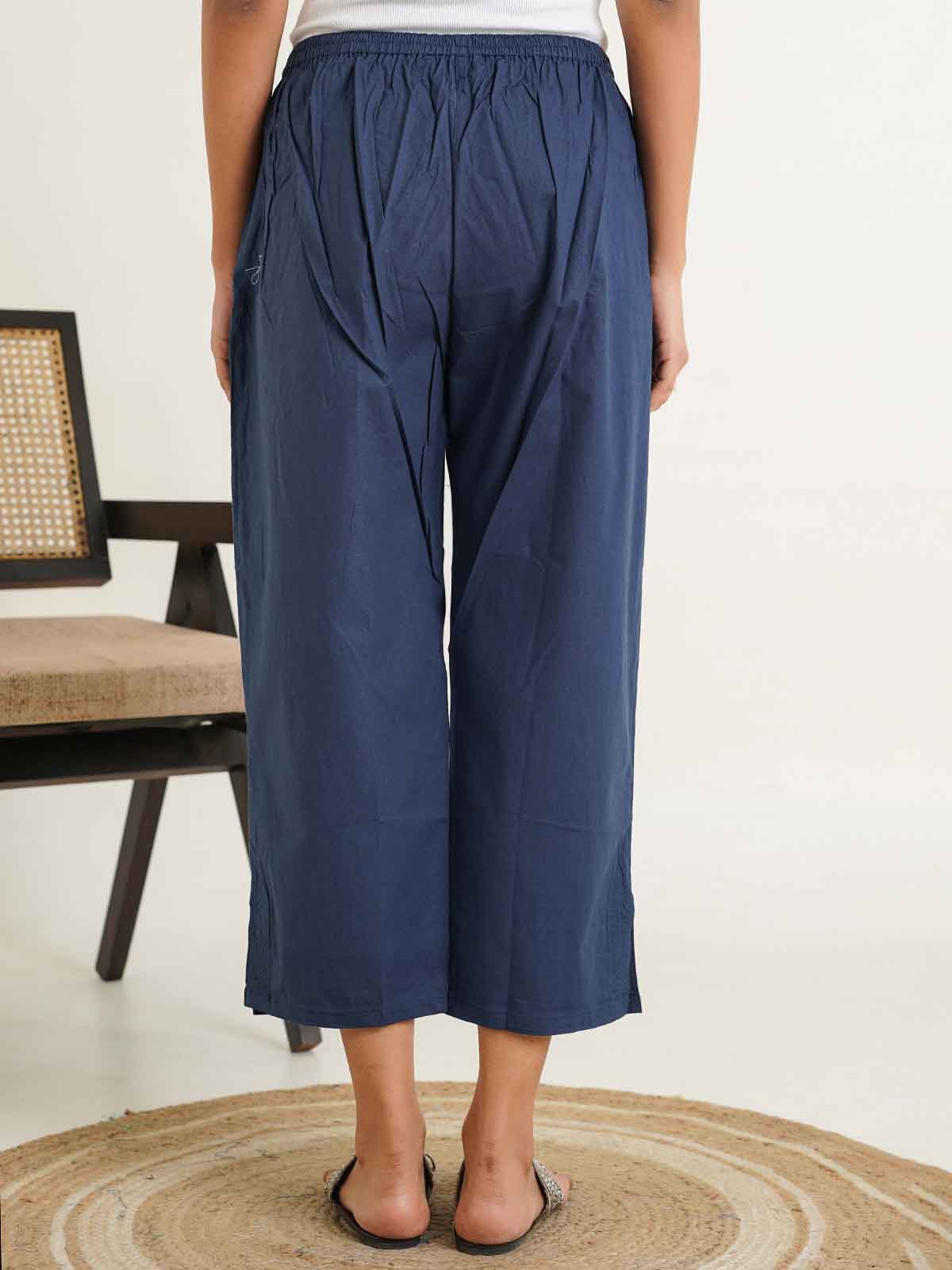 Cotton Solid Ankle Length Pants Blue