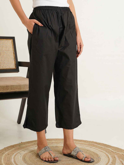 Cotton Solid Ankle Length Pants Black