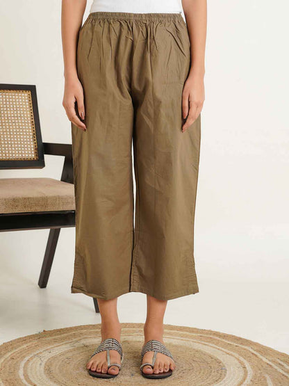 Cotton Solid Ankle Length Pants Khaki