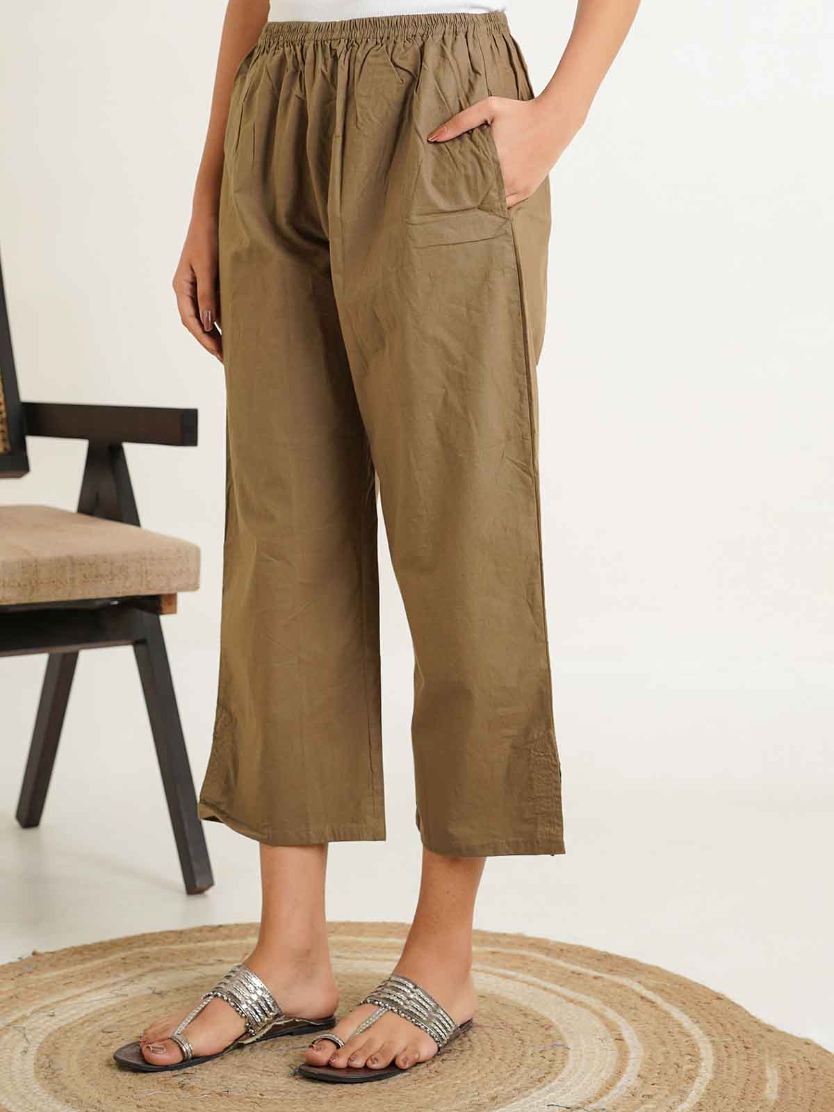 Cotton Solid Ankle Length Pants Khaki