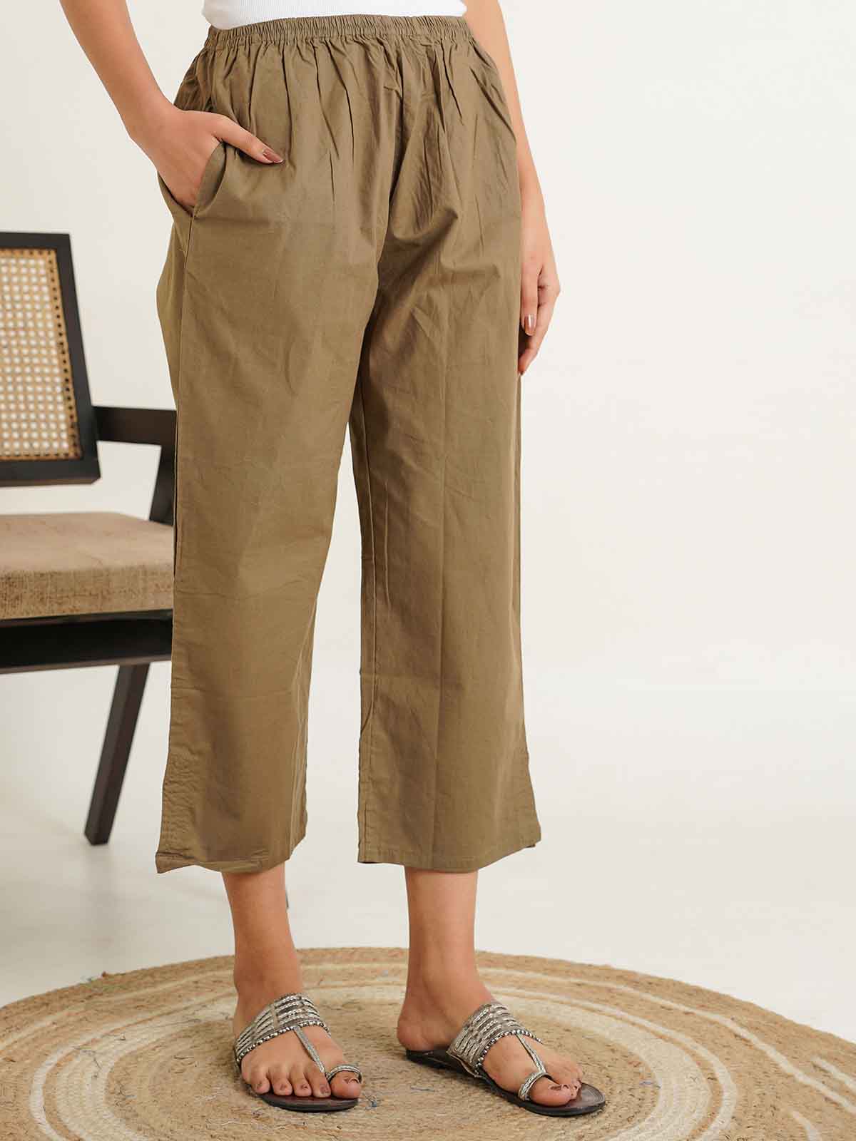 Cotton Solid Ankle Length Pants Khaki