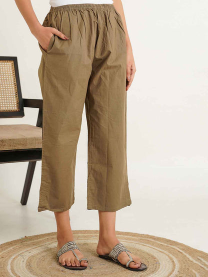 Cotton Solid Ankle Length Pants Khaki