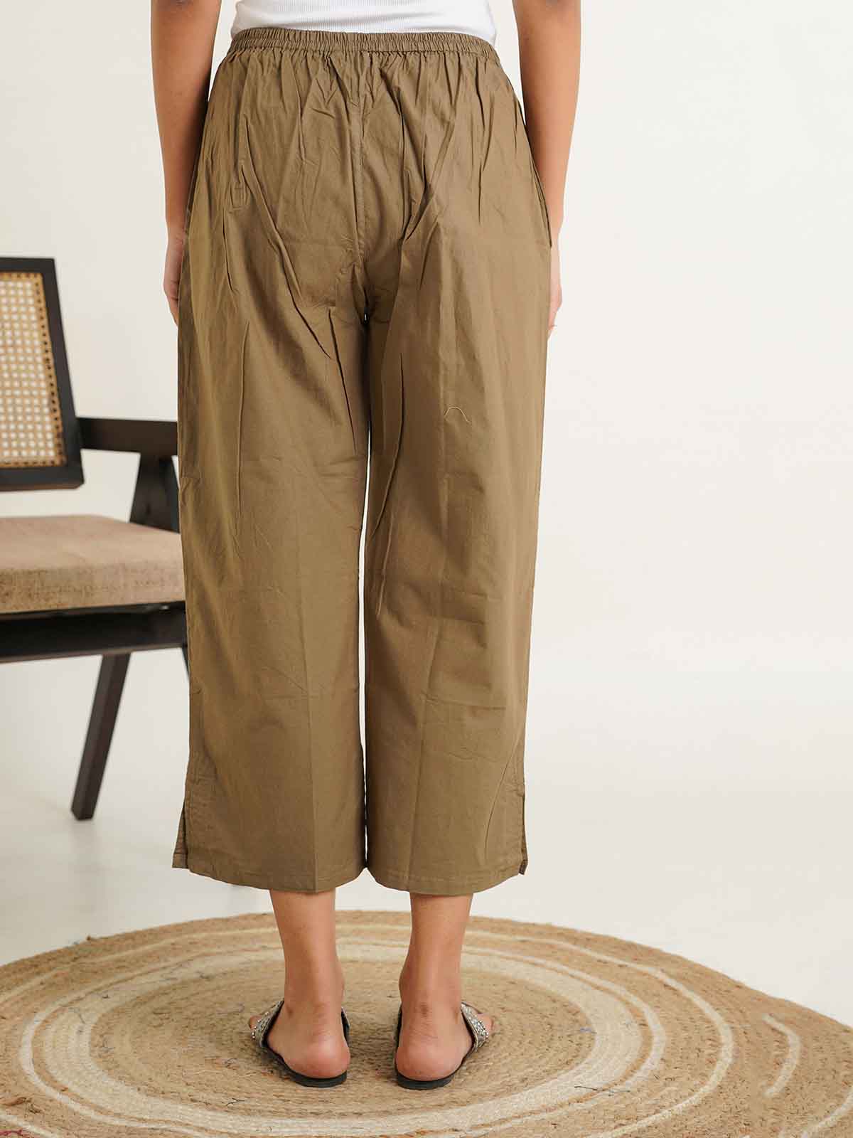 Cotton Solid Ankle Length Pants Khaki