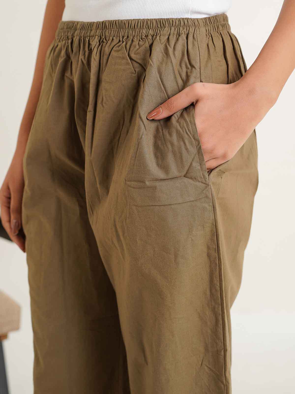 Cotton Solid Ankle Length Pants Khaki