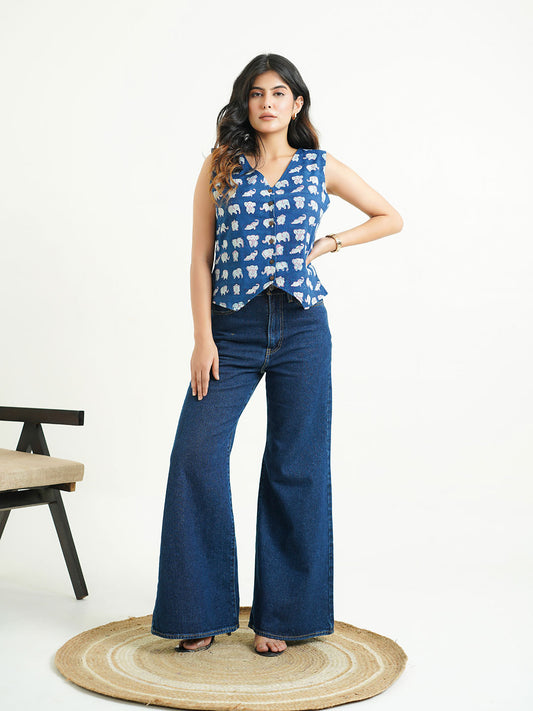 Sleeveless Cotton Block Printed Kothi Top Indigo