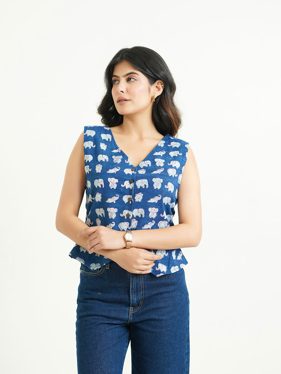 Sleeveless Cotton Block Printed Kothi Top Indigo