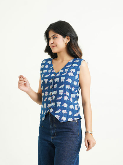 Sleeveless Cotton Block Printed Kothi Top Indigo