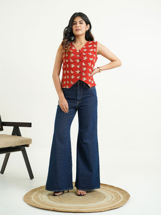 Sleeveless Cotton Block Printed Kothi Top Red