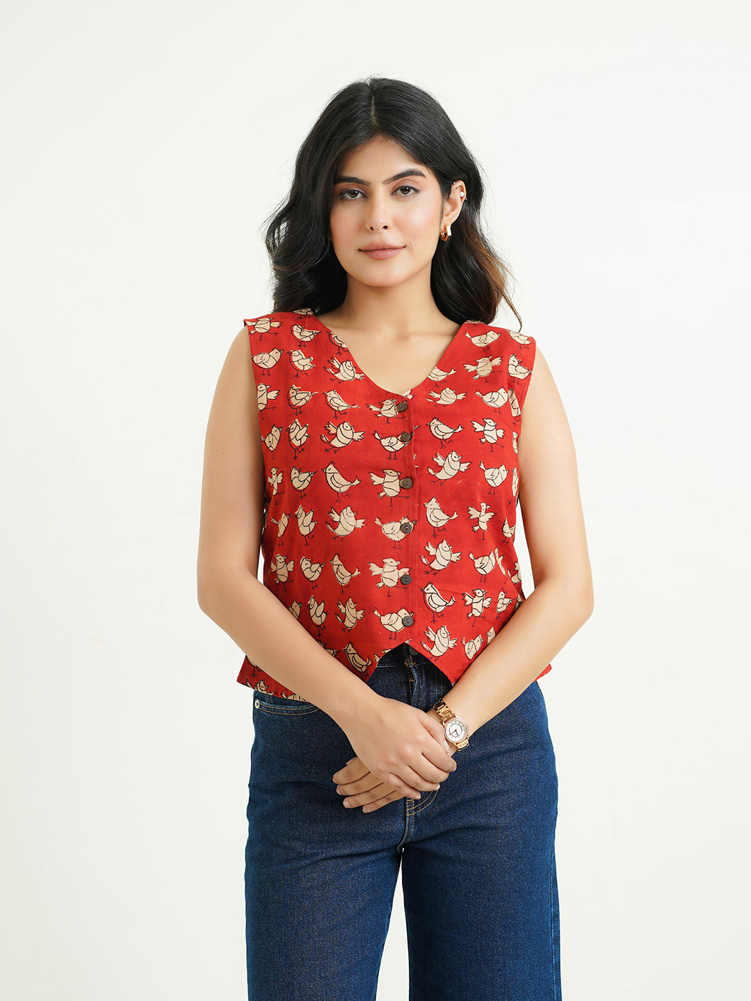 Sleeveless Cotton Block Printed Kothi Top Red