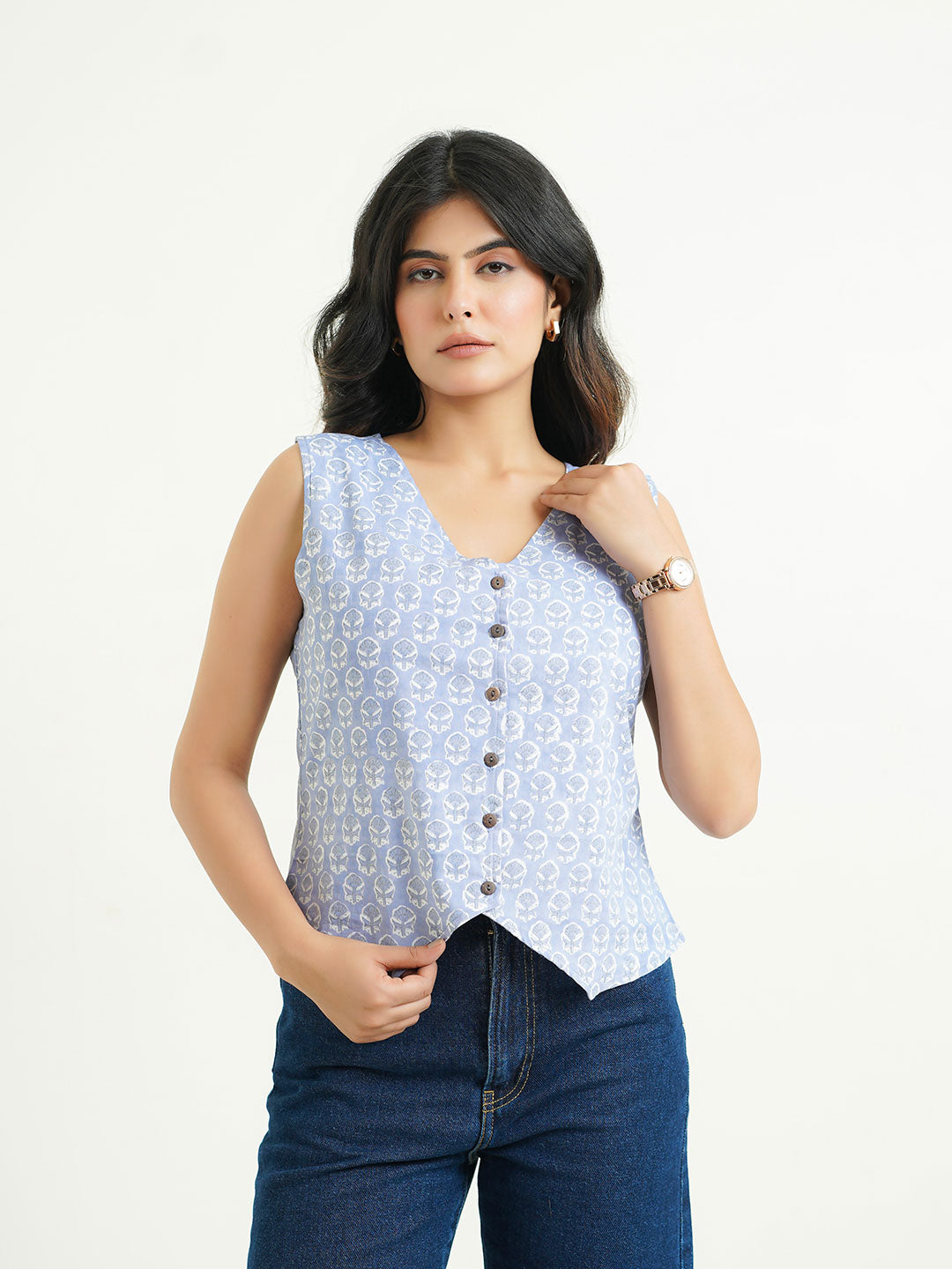Sleeveless Cotton Block Printed Kothi Top lavender
