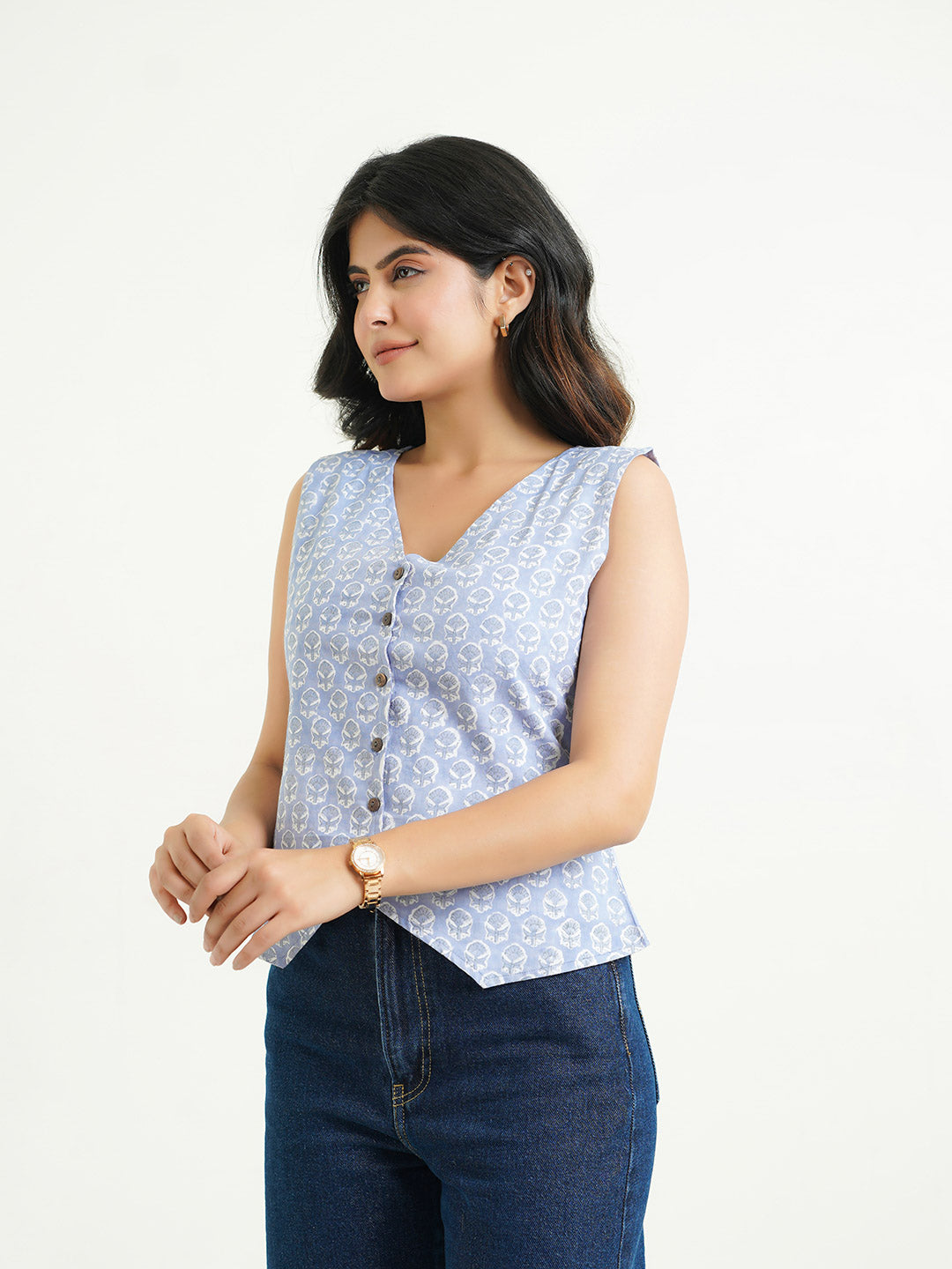 Sleeveless Cotton Block Printed Kothi Top lavender