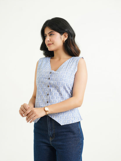 Sleeveless Cotton Block Printed Kothi Top lavender