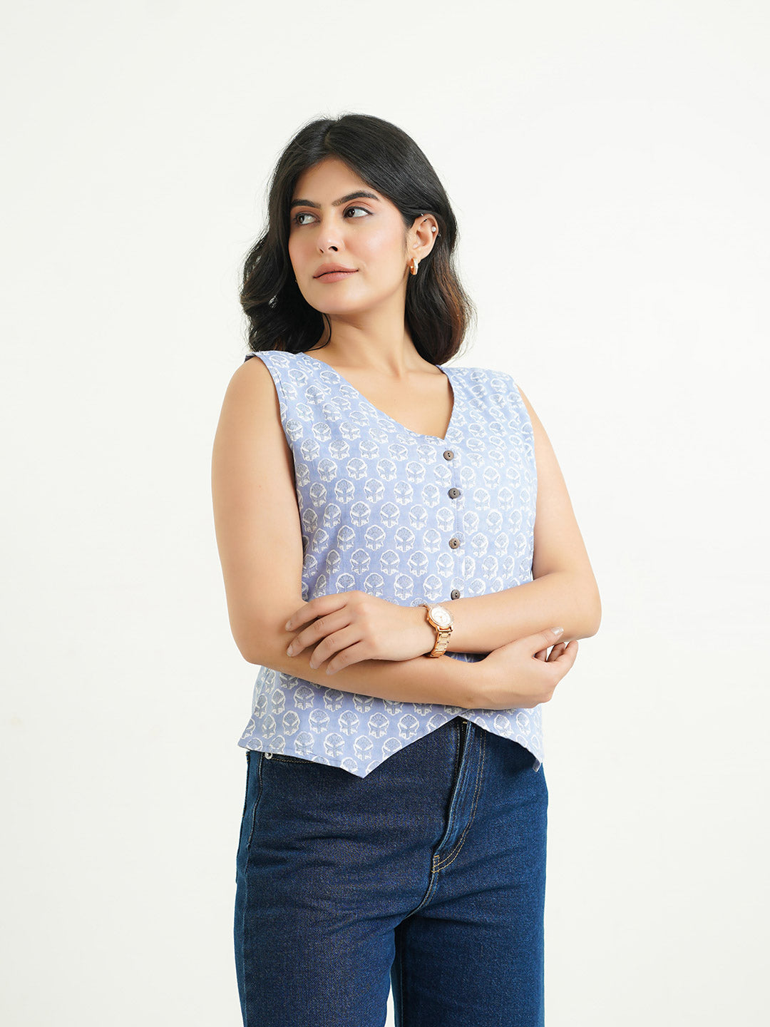 Sleeveless Cotton Block Printed Kothi Top lavender