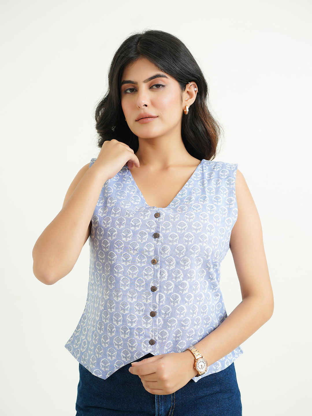Sleeveless Cotton Block Printed Kothi Top lavender
