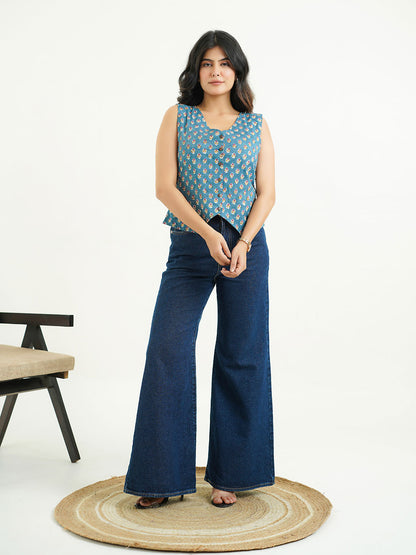 Sleeveless Cotton Block Printed Kothi Top Teal