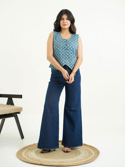 Sleeveless Cotton Block Printed Kothi Top Teal