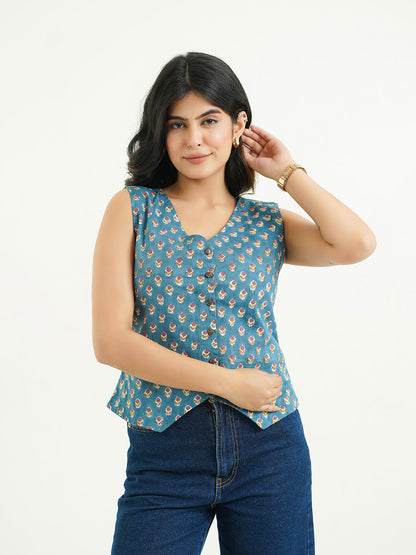 Sleeveless Cotton Block Printed Kothi Top Teal