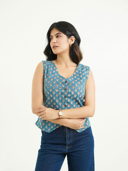 Sleeveless Cotton Block Printed Kothi Top Teal