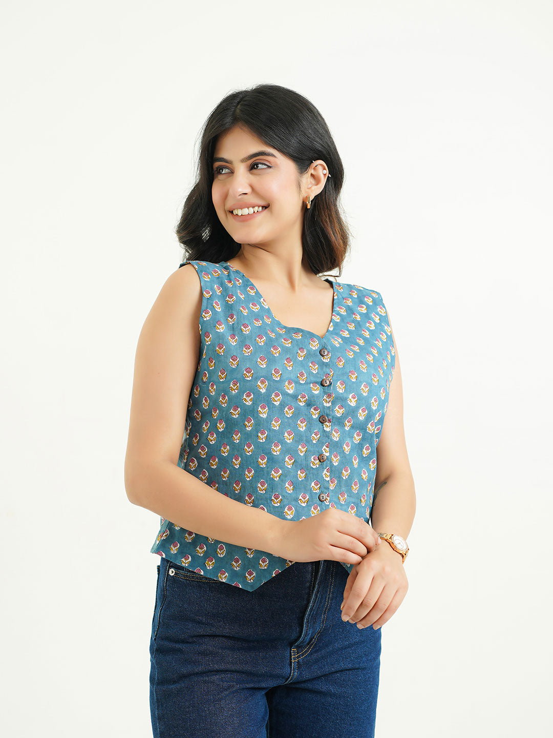 Sleeveless Cotton Block Printed Kothi Top Teal