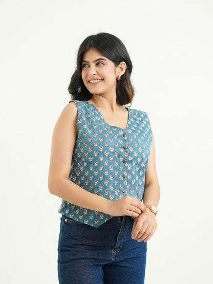 Sleeveless Cotton Block Printed Kothi Top Teal