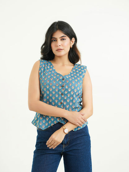 Sleeveless Cotton Block Printed Kothi Top Teal