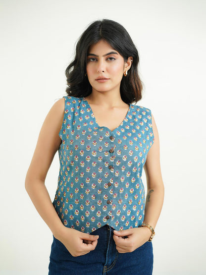 Sleeveless Cotton Block Printed Kothi Top Teal