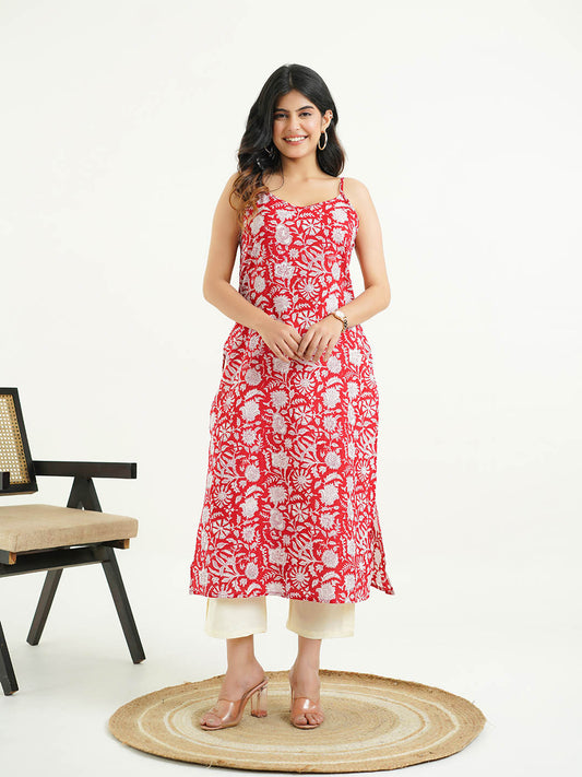 Cotton Sleeveless Strappy Kurta Red