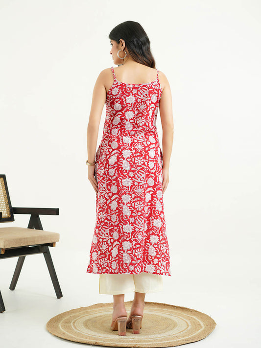 Cotton Sleeveless Strappy Kurta Cherry Red