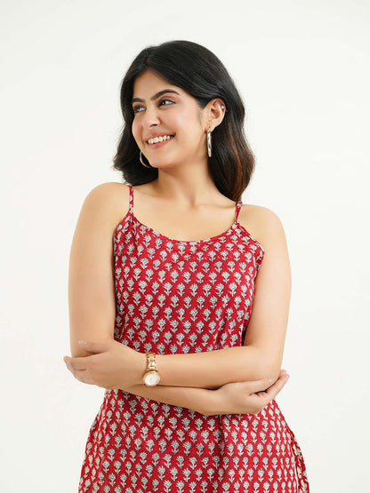 Cotton Sleeveless Strappy Kurta Red Booty